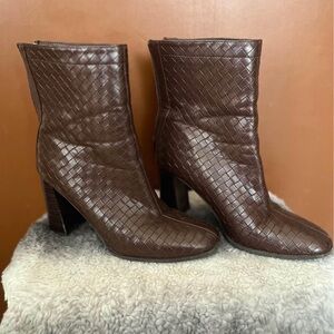 Brown Heeled Woven Leather Boots